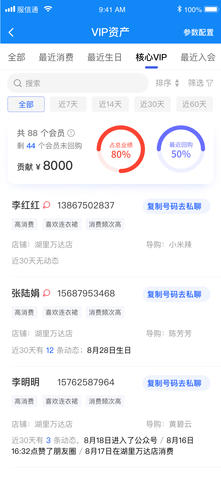 服信通VIP资产列表复制号码去私聊界面